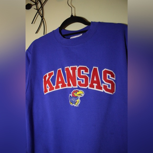 Kansas Jayhawks Mens Sweater Blue Spell Out Crew Neck Pullover Men's Size Small - Picture 2 of 4